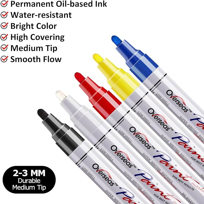 Overseas 5 Colors Paint Pens, Oil Based Permanent Paint Markers Medium Tip | Waterproof, Quick Dry, Fade Resistant, Assorted Colors Marker Pen for Metal, Rock, Wood, Rubber, Plastic, Glass, Canvas