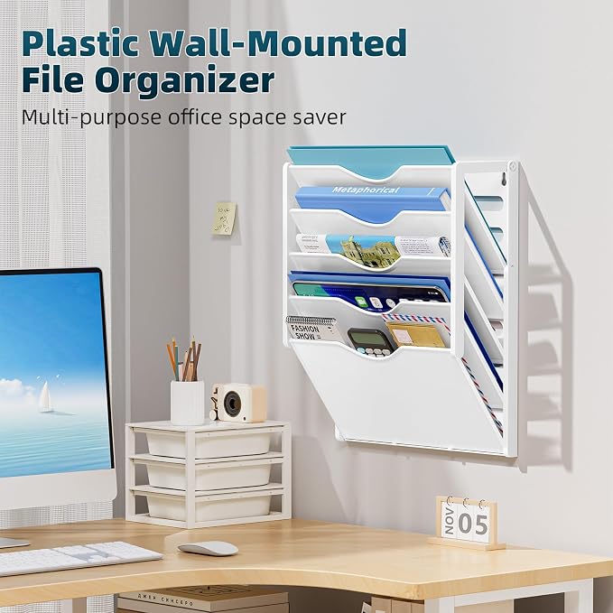 Marbrasse 5 Tier Wall File Organizer, Plastic Hanging File Holder for Mail, Magazines Paper Organizer Wall Mounted for Office Home (White)
