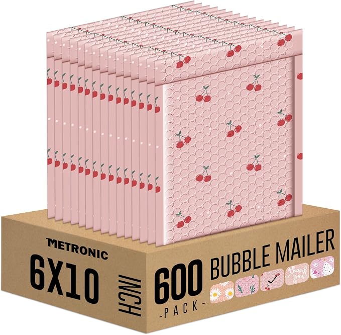 METRONIC Bubble Mailer 6x10 Inch 600 Pack Cherry Pink Pretty Padded Mailer | Usable Size 6x9 Waterpoof Padded Envelopes Strong Adhesion Bubble Envelopes for Small Business Packaging, Shipping, Mailing