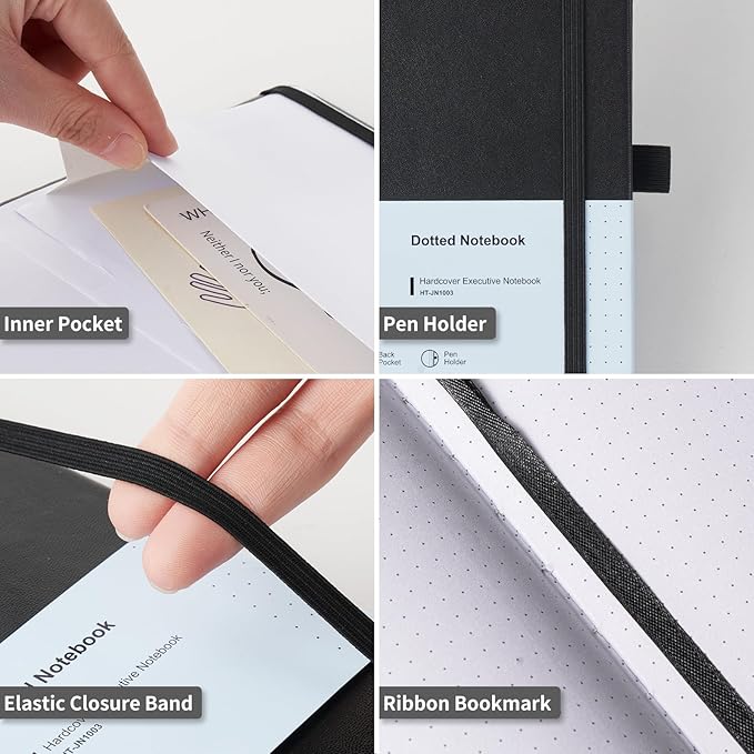 Hardcover Dotted Notebooks, A5 Dotted Journal Notebook for Writing 160 Pages, 8.2 x 5.5 inch, Classic Dotted Notebooks for College/Work/Travel(Dotted-3 Pack, Black)
