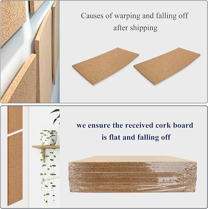 NACHLYNN Cork Board 6 Pack 17 x 8 Square Bulletin Board for Wall Self-Adhesive Corkboards with 100 Push Pins Frameless Cork Tiles for Walls Home Office