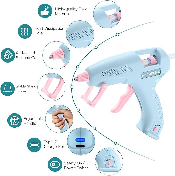 Cordless Hot Glue Gun Kit with 30 Sticks, Fast Heating 2.6Ah Rechargeable | 20W Anti-Drip Glue Gun and Sticks Set (0.27"×6") USB-C Rechargeable Mini Glue Gun Ideal for School Crafts DIY Making Repairs