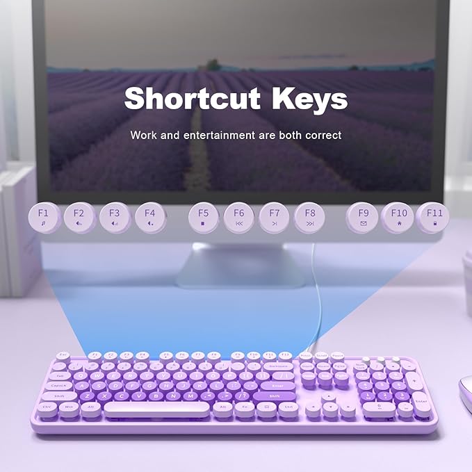Computer Keyboard Wired, Plug and Play USB Retro Round Typewriter Keyboard, Full Size Wired Keyboard with Foldable Stands for Laptop and Office PC