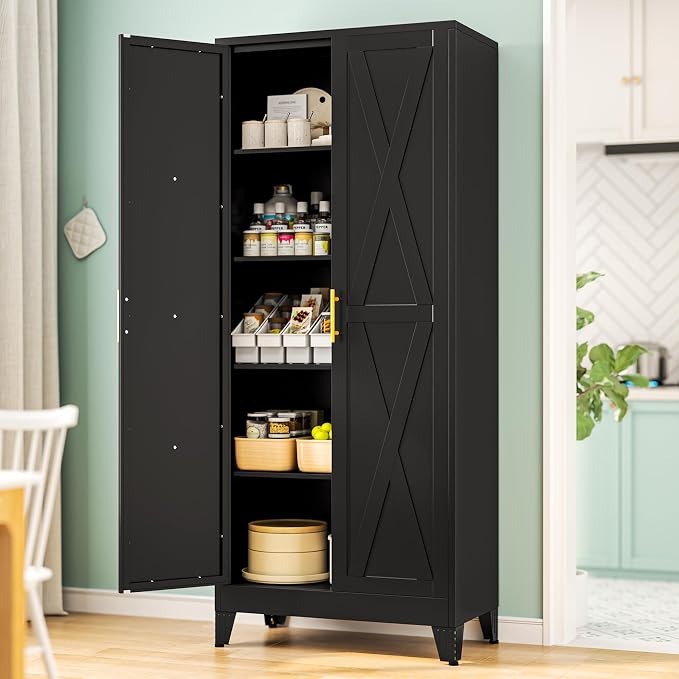 PAOFIN 71" H Tall Kitchen Storage Cabinet with Doors | Freestanding Pantry Cabinet,Farmhouse Food Storage Cabinets,Tall Cabinets for Kitchen, Dining Room, Living Room(Black)