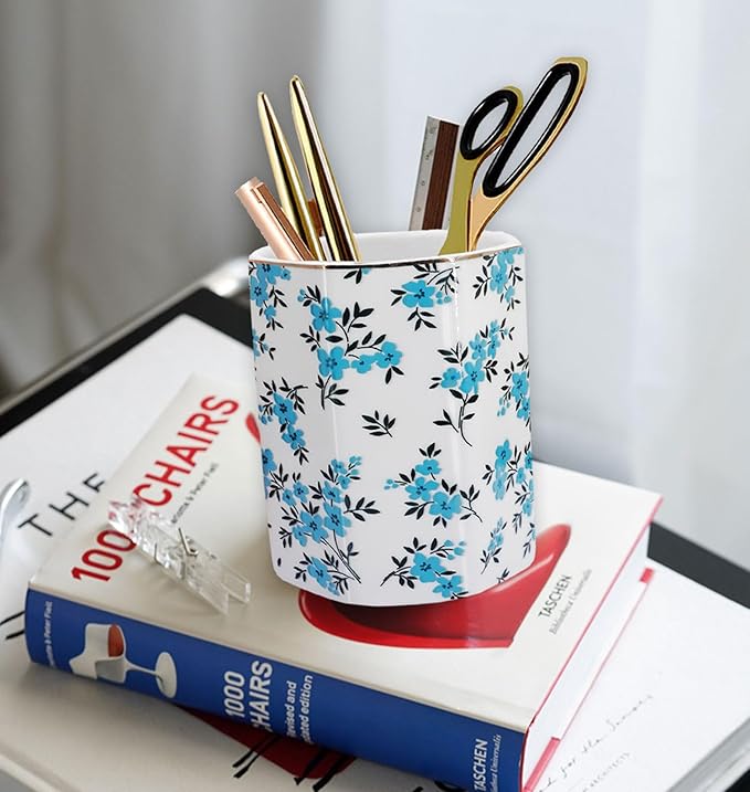 Pen Holder, Makeup Brush Holder Ceramic Shiny Gold Spring Floral Pattern Pencil Cup for Girls Kids Women Durable Stand Desk Organizer Storage Gift for Office, Classroom, Home (Teal Blue)
