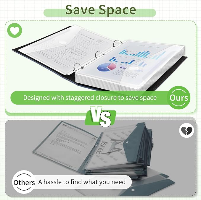 Sooez 48 Pack Binder Folders Pockets with Staggered Closures, Letter Size | Clear Binder Pockets for 3 Ring Binder, Space-saving Binder Organizer Sleeves, Binder Divider with Pockets, for School Office