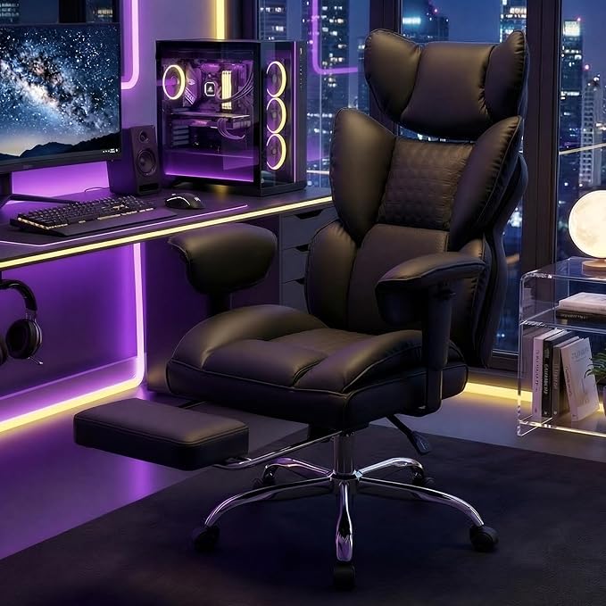 DUMOS Big and Tall Home Office Desk Chair, Executive Chair with Footrest | PU Leather, Ergonomic Comfy Lumbar Support, High Back Reclining, Adjustable Armrests, Black
