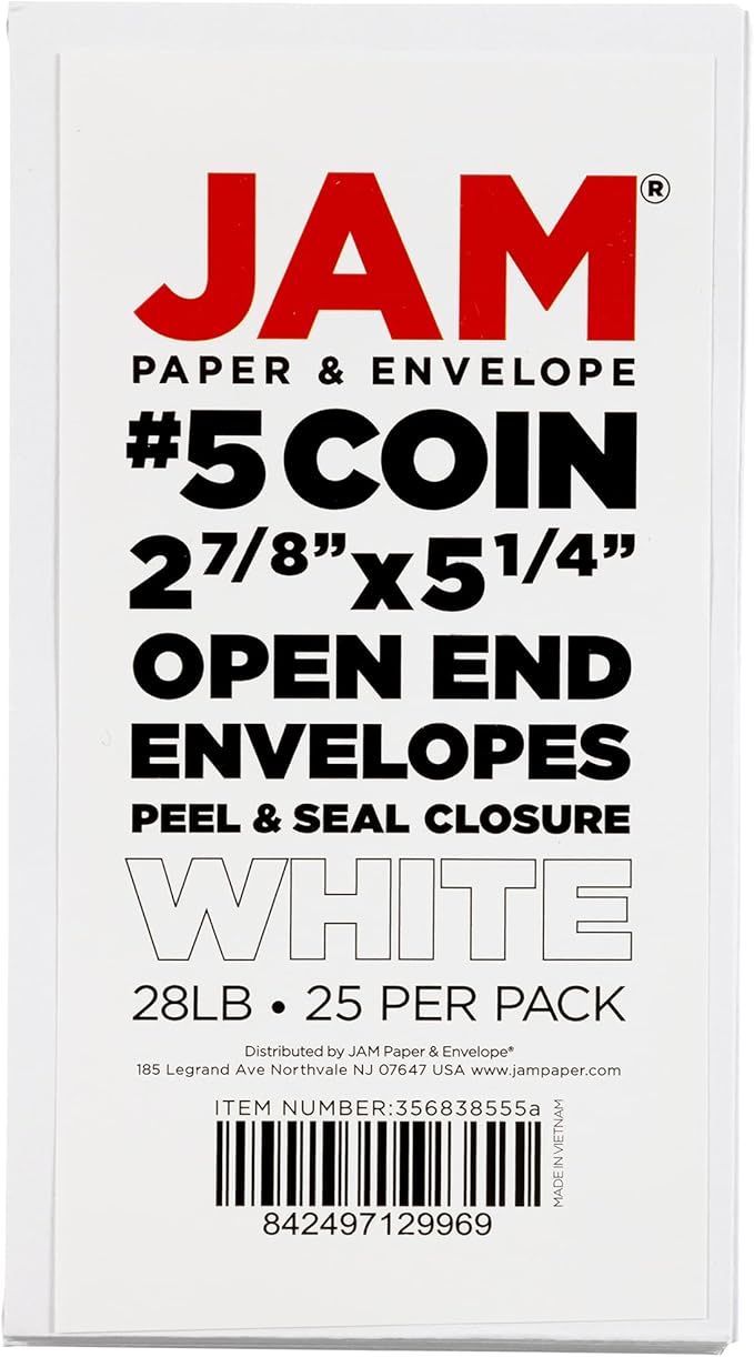 JAM PAPER #5 Coin Business Envelopes with Peel and Seal Closure - 2 7/8 x 5 1/4 - White - Bulk 500/Box