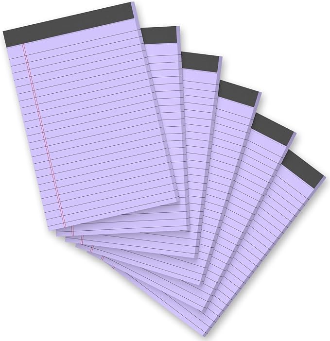 6 Pack 5 x 8 Inch Purple Legal Pads, Double-Sided Lined Notepads with Hard Backing for Office, School & Home, Thick Perforated No-Bleed Paper for Students, Teachers & Professionals