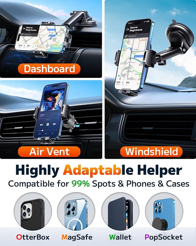 Qifutan Dash Mounted Holders Phone Holders for Your Car Phone Mount for Car Dashboard Windshield Air Vent Universal Desk Mounts Hands Free Automobile Cell Phone Holder Fit for iPhone Smartphone