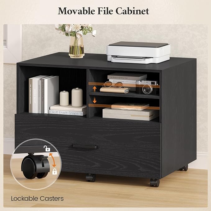 70.9" L Shaped Executive Desk with Power Outlets, Home Office Desk with Movable File Cabinet & Drawer, Modern Corner Computer Desks with Large Storage Cabinet, Black Business Furniture