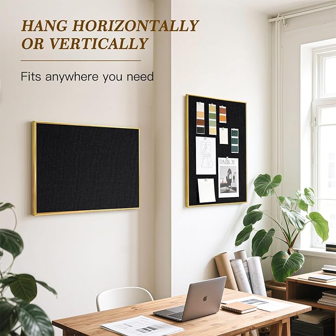 Linen Bulletin Board, 24"x18" Decorative Fabric Pin Board Vision Board | Gold Aluminum Frame, Upgraded Black Canvas Surface, Wall Mounted, for Home Office Bedroom Dorm Wall Decor
