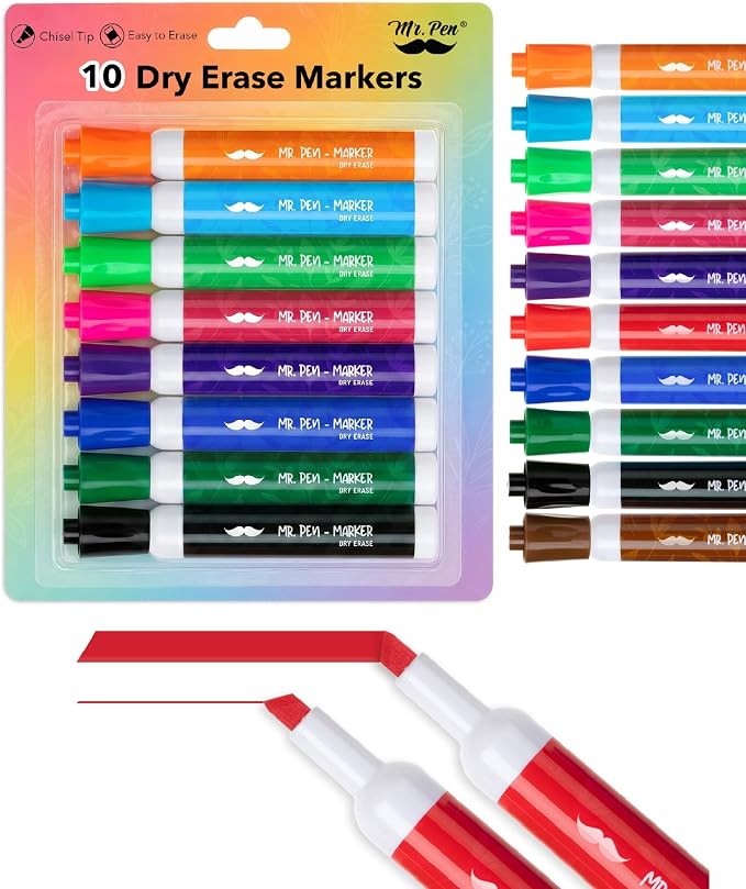 Mr. Pen- Dry Erase Markers, 10 Pack, Assorted Colors, Low Odor Ink | Chisel Tip, White Board Markers Dry Erase, Ideal for Classroom, Back to School Supplies, Teachers, Office, Whiteboard & Home
