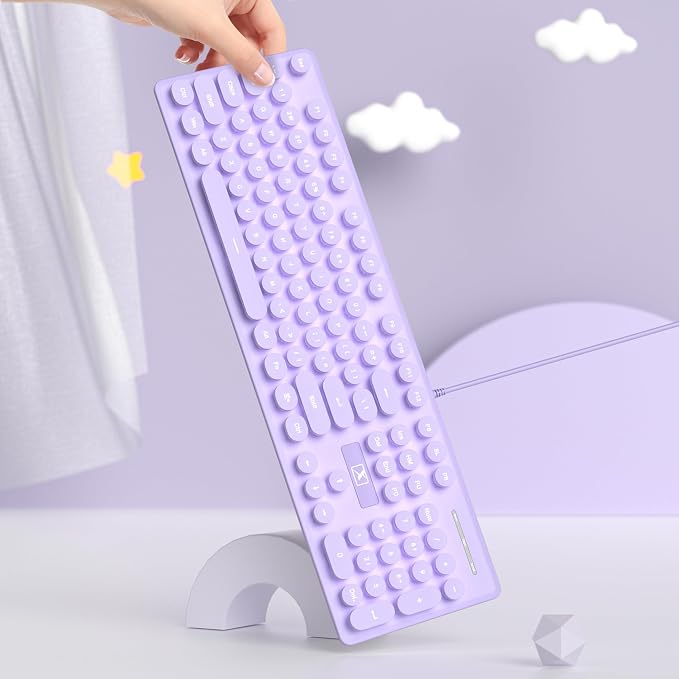 surmen Purple Quiet Keyboard Wired Retro Typewriter, Full Size Soft Keyboards with Number Pad, Round Keys, Backlit USB for Office, Desktop, Laptop(Purple)