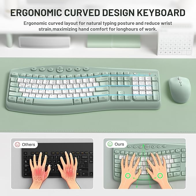 Wireless Keyboard and Mouse Combo Silent Ergonomic Curved Design for Office | 2.4G Full Size Cordless Keyboard with Tilt Legs,3-Level DPI Quite Mouse for Windows,Mac OS/Desktop/Laptop/PC