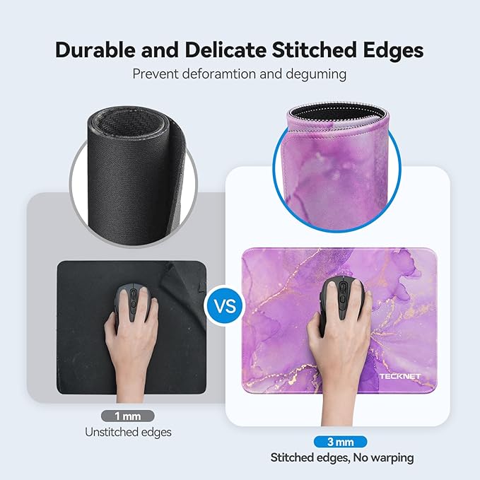 TECKNET Mouse Pad with Anti-fray Stitching, Waterproof Surface & Non-Slip Rubber Base with Stitched Edges Gaming Mouse Mat for Laptop，Compatible with Laser and Optical Mice - Purple Marble