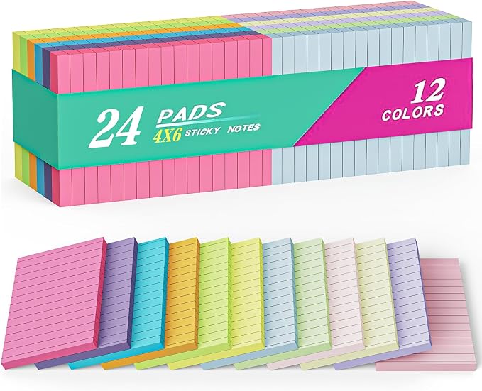 24 Pack Lined Sticky Notes 4x6 in,Large Super Sticky Note Pads for School | Sticky Notes with Lines, Self-Stick Note Pads, Rectangular Sticky Notes for Office, Home, School & Meetings Teacher supplies