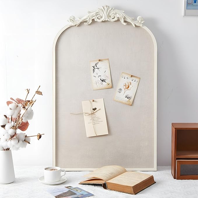 Vintage Framed Pin Board Linen Display Bulletin Board Large Ornate Fabric Picture Photo Pinboard Memo Decorative Prayer Pinboard Ornate for Wall Gift(Arch,19" X 31",Vintage White)