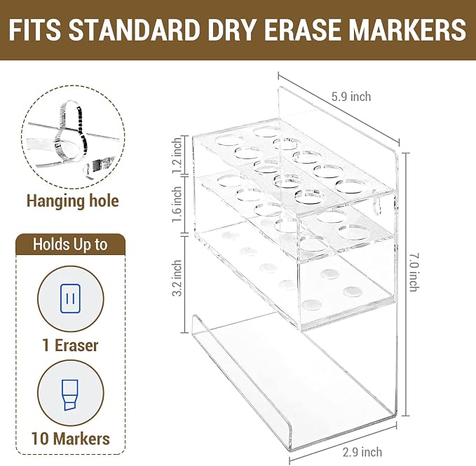MyGift Dry Erase Marker Holder Wall Mount Clear Acrylic 10 Slot Organizer | Ten Slot Capacity, Easy Access, Wall Mounted Organization, Clear Visibility, Classroom Office Essential, Space Saving Design