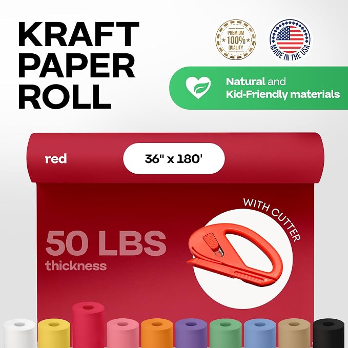 Red Kraft Paper Roll 36" x 2160" (180 feet) with Cutter - USA-Made Wrapping Paper for Packing, Moving, Shipping & Crafts/Arts - 100% Recyclable Natural Craft Material by IDL Packaging | Wrapping Paper for Packing, Moving, Shipping & Crafts/Arts - 100% ...