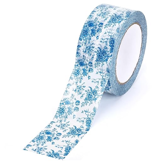 Whaline 109 Yard Blue Floral Packing Tape Chinoiserie Flower Pattern Tape Vintage Floral Waterproof Shipping Tapes for Small Business DIY Crafts Box Carton Decor