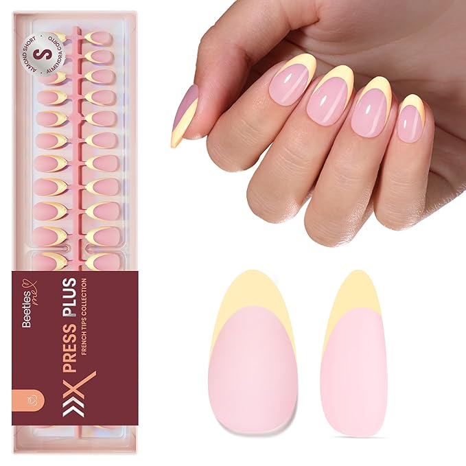 Beetles Yellow French Tips Press On Nails, 160 Pcs Pastel Spring Press On Nails Short Almond, Yellow Fake Nail Tips Soft Nail Gel False Nails Art DIY For Women