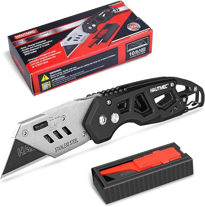 HAUTMEC Folding Utility Knife with 10-Pack SK2H Blades, Heavy-Duty Aluminum Box Cutter with Belt Clip, Quick-Change Blades, Safety Lock & Carabiner – HTUCH25002