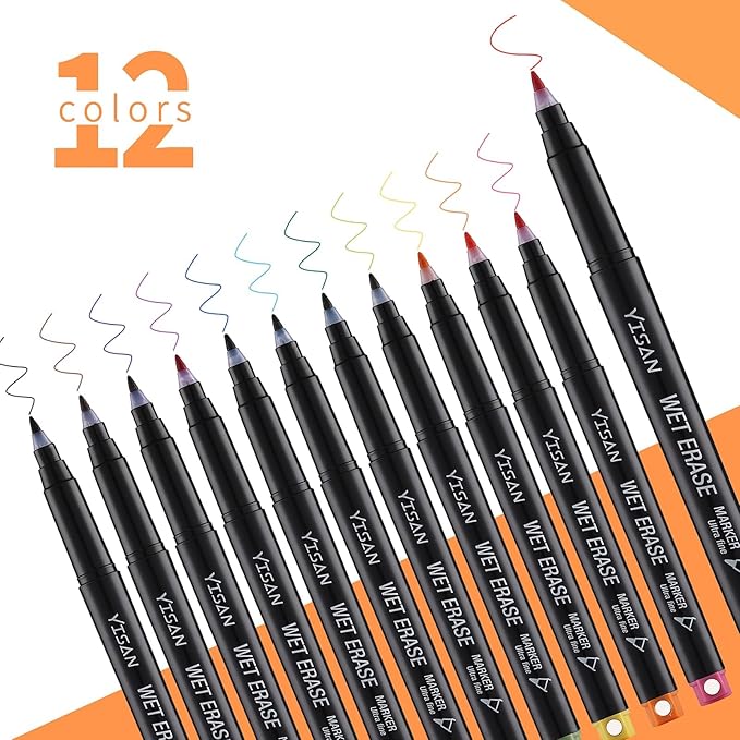 YISAN Ultra Fine Tip Magnetic Wet Erase Markers, 0.7mm Low Odor, 12 Assorted Colors for Whiteboard Use in Office, Home or Planning Board,70580