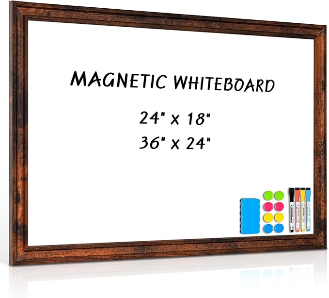 White Board for Wall, 36'' x 24'' Magnetic Dry Erase Board, Brown | Wooden Frame, Decorative Whiteboard, Wall Mounted, for Home, Office, Kitchen, Dorm, 4 Markers, 6 Magnets, A Eraser