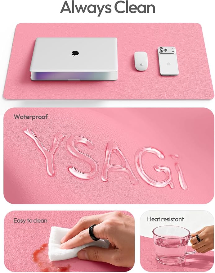 YSAGi Leather Desk Protector, Office Mat, Large Mouse Mat, Non-Slip PU Leather Blotter, Laptop Desk Mat, Waterproof Writing Pad for Office and Home(Pink, 42" x 17.2")