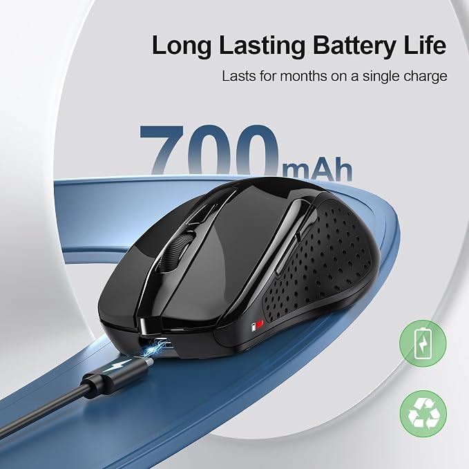 TECKNET Wireless Mouse, BT 5.0/2.4G, Rechargeable 6-DPI Silent, Black | Bluetooth 5.0/3.0 & USB A, 2-Device Easy Switch, Wide OS Compatible, 6 Buttons, 6-DPI up to 4800, Ergonomic for S to M Hands