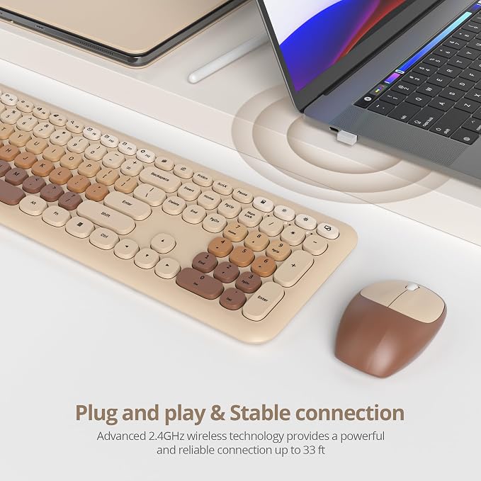 surmen Brown Quiet Keyboard and Mouse Wireless, Full-Size Retro Typewriter Wireless Cute Colorful Keyboard with Low-Noise 2.4GHz for Home and Office（Coffee