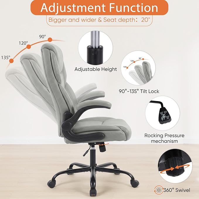 Sweetcrispy Office Computer Gaming Chair Set of 2, Ergonomic High Back Heavy Duty Task Desk Office Chairs with Wheels, Flip-up Arms, Adjustable Height, PU Leather, Grey