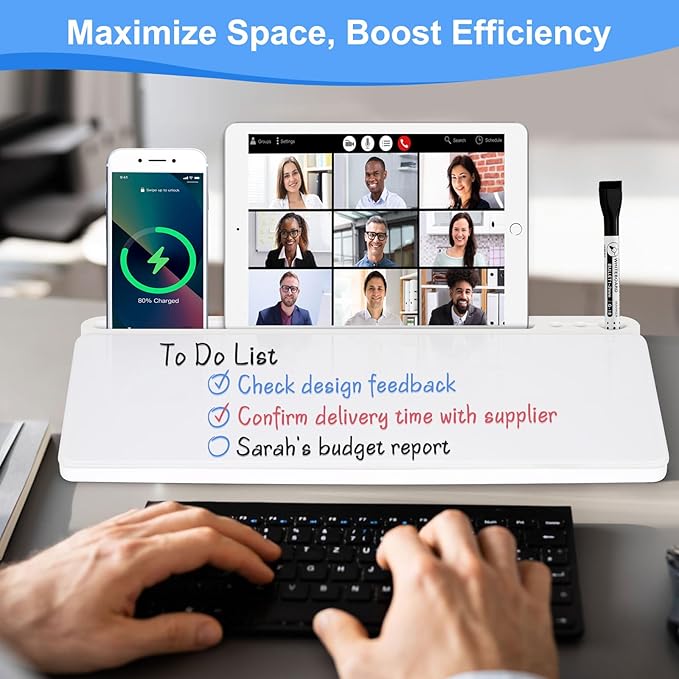 Desktop Glass Whiteboard with Storage, Desk Dry Erase White Board Stand | Computer Keyboard Stand, Office Desk Organizers and Accessories with Drawer, To Do Memo Notepad, Home School Supplies