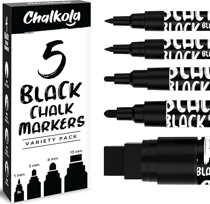 Chalkola 5 Black Liquid Chalk Markers for Blackboard, Chalkboard Signs, Car Windows, Glass - Washable Black Dry Erase Markers | Variety Pack - Fine & Jumbo Size Chalk Pen (1mm, 3mm, 6mm, 15mm)