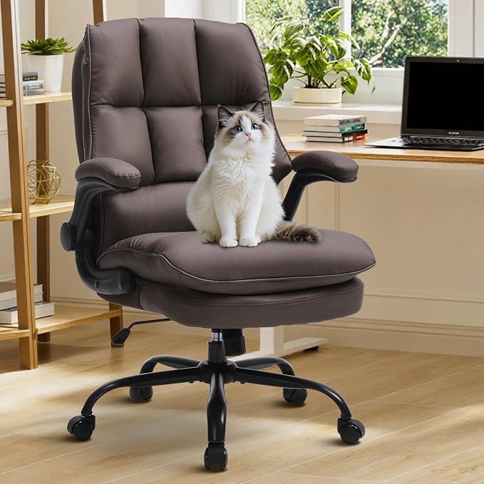 Comfy Office Chair Soft and Double Cushioned Ergonomic Computer Desk Chair | Suitable for Long Hours Executive Office Chair with Flip-up Armrests and Height Adjustment for Home Office Brown
