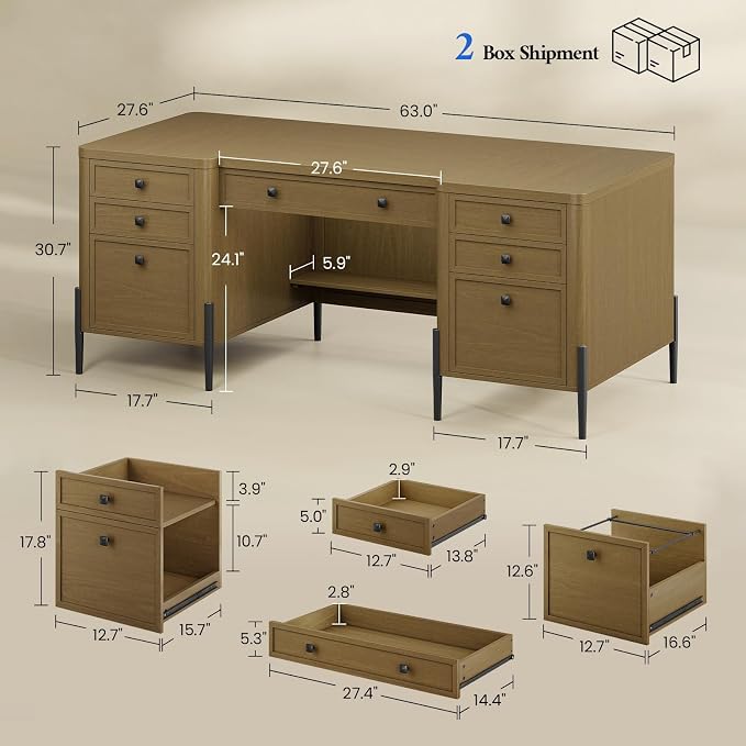 63" W x 27.6" D Executive Desk with 2 Cabinets & 6 Drawers, Farmhouse Home Office Desks with Keyboard Tray, Large Boss Desk with Privacy Panel, Modern Table with File Drawer