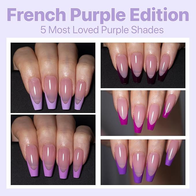 SXC Cosmetics French Tip Press On Nails 150 Pieces in 15 Sizes Ultra Fit with Pre-applied Tip Primer and Base Coat, No Need to File Fake Nails for Nail Art DIY X-Pro Tips (5PURPLE120-M Coffin)