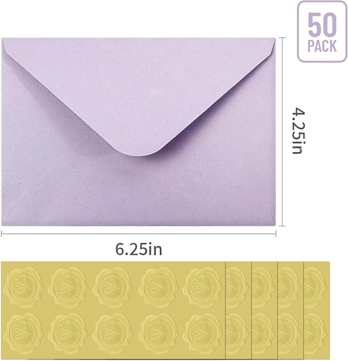 50 PCS Purple Colorful A4 Envelopes,4x6 Envelopes for Invitations | 4x6 Envelopes for Greeting Cards, Great for Invitations, Wedding Invitation, Birthday, Baby Shower, Graduation