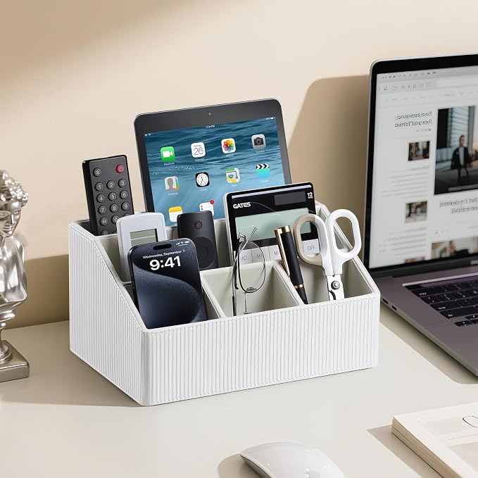 PU Leather Desk Organizer, Remote Control Holder, Ivory | Luxury Nightstand Organizer for Home, Office Desk Accessories, Bedside Table Caddy with 5 Compartments, Velvet Lining