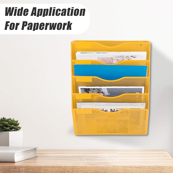 5 Pocket Mesh Hanging Wall File Organizer, Wall Mounted Mail Paper Document Folder Holder, Clipboard Storage Organization Magazine Rack with Nametag Label for Office Home School, Yellow
