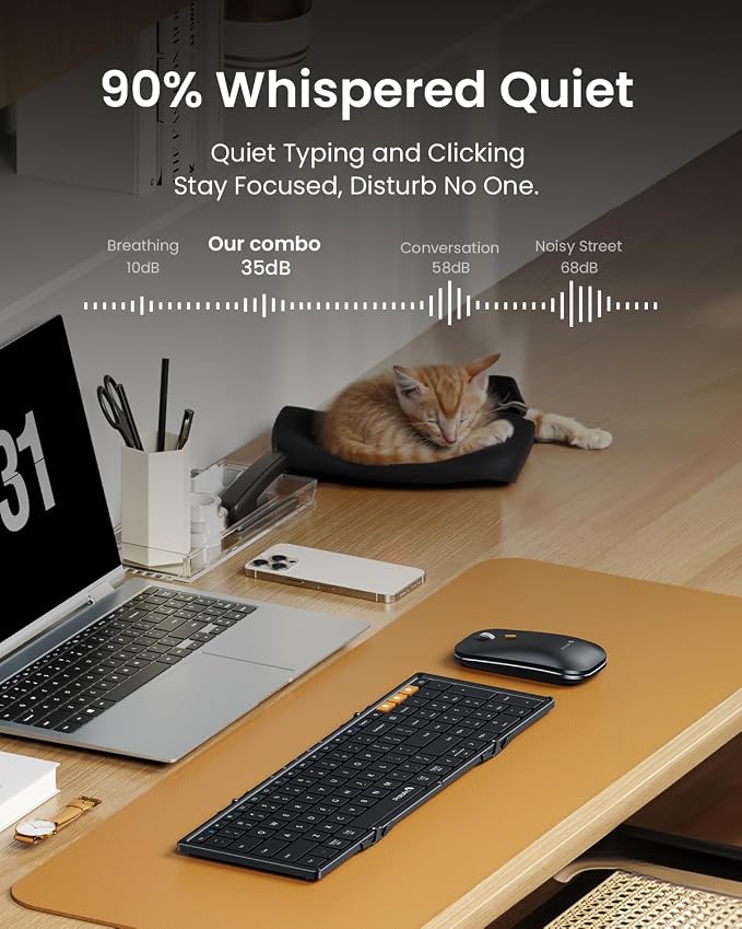 ProtoArc XKM01 Full-Size Foldable Keyboard Mouse Combo for Travel - Black | 105-key keyboard, slim mouse, hard case and phone stand; 3-device Bluetooth & 2.4G switching, for travel office use