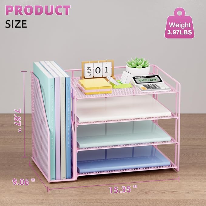 Marbrasse 4-Tier Paper Tray Organizer with File Holder, Pink | Sturdy Paper Tray, Built-in File Holder, fits Letters/Docs, Saves Desk Space, for School/Office/Home