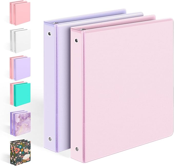 2 Pack BinderX Extra Durable 3 Ring Binder, 1 Inch Binder Round Rings, Fits 350 Sheets of 8.5x11 Paper, Customizable View Cover with Inside Pockets, Cute 1 Inch Binders 3 Ring, Pink & Purple