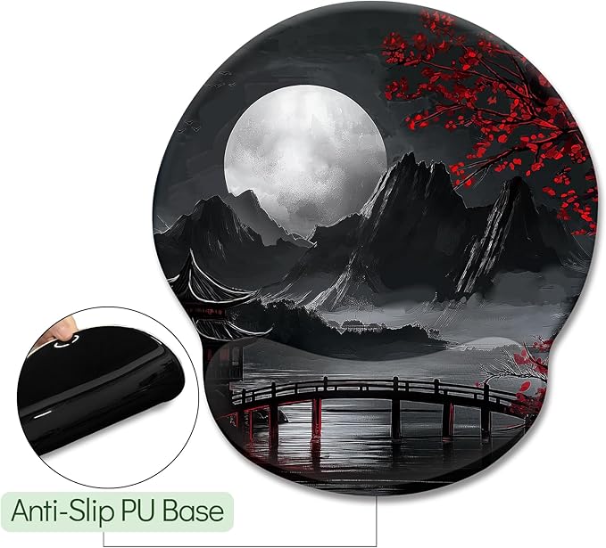 Japanese Mouse Pad with Wrist Rest, Full Moon Ergonomic Mouse Pad Wrist Support with Non-Slip Pain Relief PU Base, Funny Computer Mousepad, Japanese Style Office Home Desk Accessories Decor