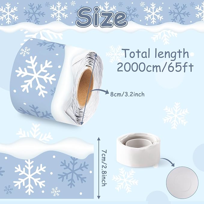 BeYumi Winter Snowflake Border Trim - 65ft Winter Christmas Sage Blue White Snowflake Scalloped Rolled Border Trim Bulletin Board Borders School Classroom Door Home Office Chalkboard Party Decoration