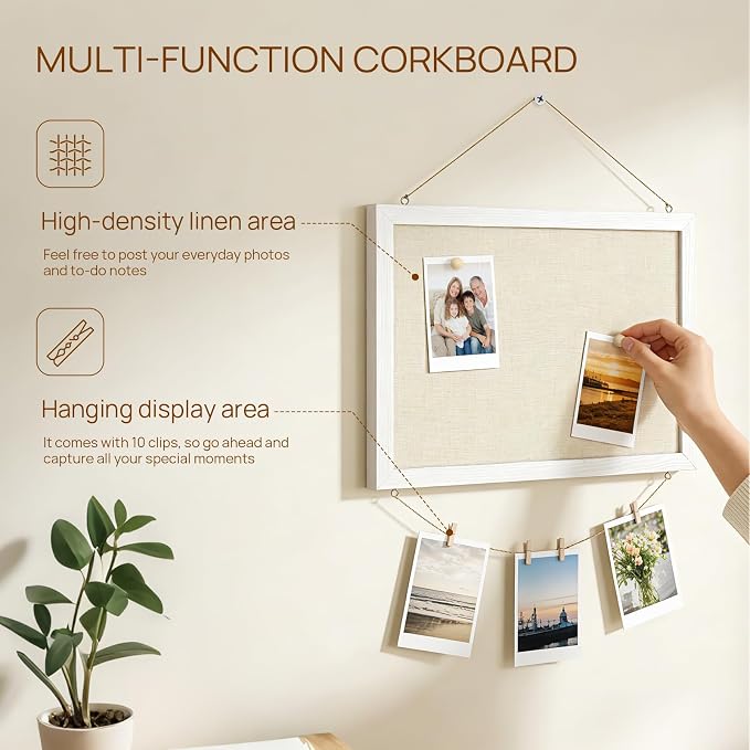 DOLLAR BOSS Double-Sided Bulletin Boards with Linen, 16"x12" 1PC Cork Board | Corkboards for Walls, Small Pin Board, Wood Framed, Decorative Hanging, For Home Kitchen Office, 10 Pushpins 10 Clips