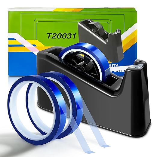 Large Heat Tape Dispenser, Heavy Duty Heat Transfer Tape Dispenser,Painters Tape Dispenser & 10mm x 33M Transparent Blue Heat Tapes Sets Sublimation Tape Holder with Cutter Tape Dispenser