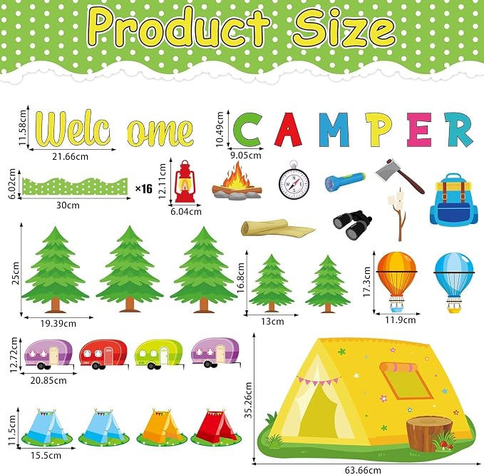 Camping Bulletin Board Set Happy Camper Trim Classroom Border Decorations VBS Tent Vintage Trailers Cutouts Welcome Camper for Back to School Summer Camping Nursery Chalkboard Wall Door Decor