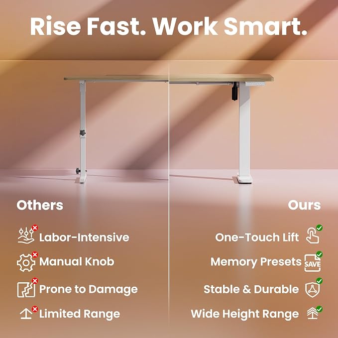 HUANUO 43x24 Inch Electric Standing Desk, Height Adjustable, Light Walnut | 176 Lbs Capacity, Smooth Home Office Desk, 4 Memory Presets & Headphone Hooks, 28.3–46.5 Inch Height Range, Easy to assemble